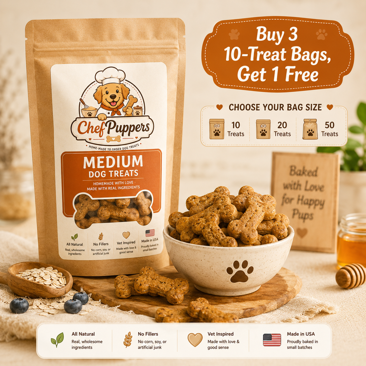 ChefPuppers homemade dog treats in a medium dog bag